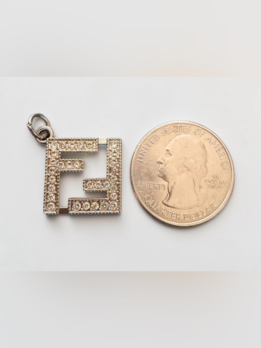 FENDI FF Crystal Logo Charm Pendant – Gold Tone Double F Pavé Square - Picture 2 of 3
